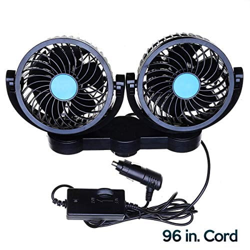 Black 12V with 360° Rotatable Dual Head Adjustable Speed Rear Seat Air Fan for Sedan SUV RV Boat Electric Auto Cooling Fan Car Fans 